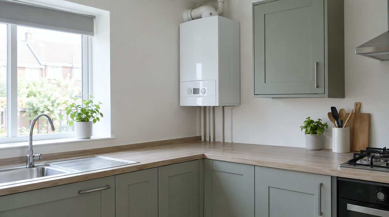 A white combi boiler fitted neatly in a British kitchen
