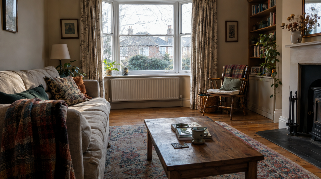 A warm British living room with a radiator under the window
